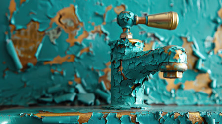 This close-up shot features a vintage turquoise faucet with peeling paint, highlighting the rustic texture and unique imperfections that add charm and character.の素材