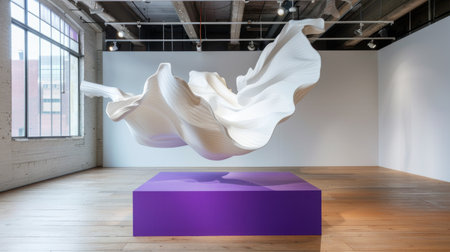 This captivating image showcases a white fabric sculpture gracefully suspended in a modern art gallery. A vivid purple display platform adds contrast, inviting viewers to appreciate the intricate texture and motion of the piece in an inviting, minimalist space.の素材