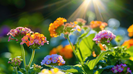 A stunning display of vibrant lantana flowers bathed in sunlight showcases a colorful array of blooms, bringing life and beauty to any garden scene.の素材