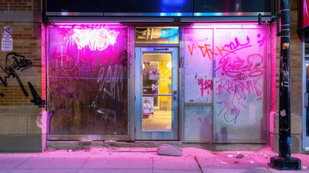 A striking image of an abandoned storefront adorned with vibrant graffiti and illuminated by neon lights. The scene captures urban decay and artistic expression.の素材