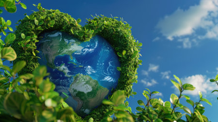 A captivating image of Earth formed by lush greenery in a heart shape, symbolizing love for the planet, surrounded by clear skies and vibrant nature.の素材