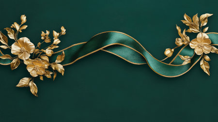This image features a stunning arrangement of golden leaves and delicate flowers intertwined with a silk ribbon against a dark green backdrop. Perfect for decorative use.の素材