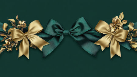 This stunning decorative ribbon features elegant gold bows and floral accents on a rich green background, perfect for enhancing any special occasion.の素材