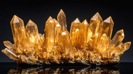This striking yellow quartz crystal cluster showcases sharp points and a shimmering surface, set against a dramatic black background, perfect for showcasing natural beauty.の素材
