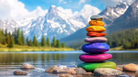 This captivating image features a vibrant stack of stones situated on calm water, showcasing nature's beauty with majestic mountains in the background under a clear blue sky.の素材