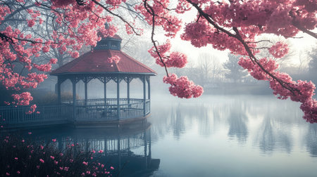 A stunning early morning view captures a gazebo nestled by a tranquil lake, adorned by beautiful cherry blossom trees in soft hues.の素材