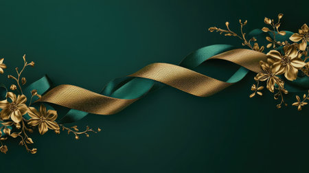 This stunning image features an elegant green and gold ribbon intertwined with delicate floral accents, set against a deep dark background. Perfect for festive designs.の素材
