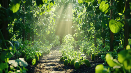A serene vegetable garden pathway bathed in golden sunlight, showcasing vibrant greenery and healthy plants. Experience the beauty of natureの素材