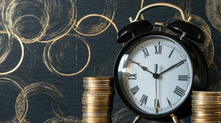 An elegant black alarm clock stands tall amidst stacks of shimmering coins, symbolizing the relationship between time management and financial growth. The textured background features a stylish circular pattern, enhancing the visual interest of this finance-themed composition. Perfect for concepts related to wealth, savings, and planning.の素材