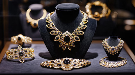 Discover an elegant display of exquisite golden jewelry featuring intricate designs. The collection includes necklaces, bracelets, and rings that embody luxury and fashion.の素材