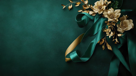 This image features an elegant floral arrangement with gold accents on a rich green fabric background, perfect for luxurious presentations and celebrations.の素材
