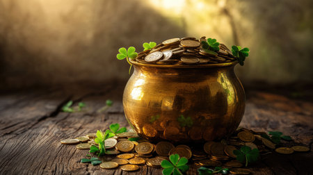 A beautiful golden pot brimming with shiny coins and surrounded by green clover leaves on a rustic wooden table illuminated by soft light, symbolizing prosperity.の素材