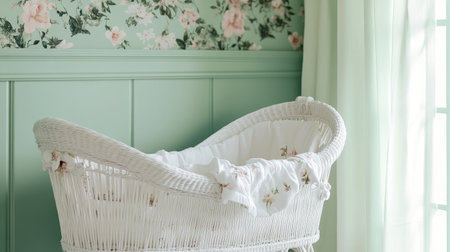A serene nursery featuring a white wicker bassinet, soft green decor, and elegant floral wallpaper, perfect for a calm and inviting atmosphere for a baby.の素材
