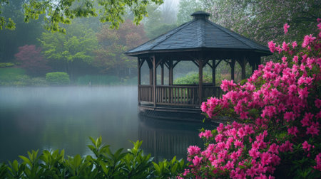 A charming gazebo rests by a serene lake, surrounded by blooming azaleas and shrouded in soft morning mist, creating a peaceful nature retreat.の素材