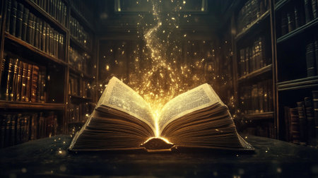 An enchanting scene of an open book emitting sparkling light in a cozy library. This magical moment invites imagination and curiosity about the stories within.の素材