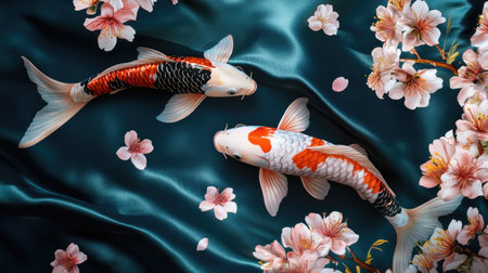This stunning image features two colorful koi fish gracefully swimming on a smooth satin backdrop adorned with delicate cherry blossom petals, creating a serene visual harmony.の素材