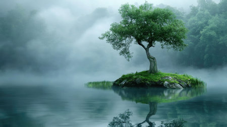 This enchanting image captures an isolated tree on a tranquil lake surrounded by mist and lush greenery, evoking a sense of peace and serenity.の素材