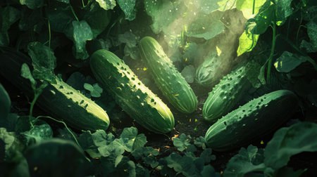 This vivid image showcases fresh cucumbers nestled among lush green leaves, illuminated by soft sunlight. Perfect for agriculture and healthy eating themes.の素材