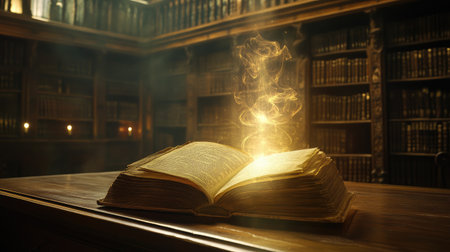 Experience the magic of a historic library featuring an open book radiating a warm glow, inviting imagination and adventure while celebrating knowledge.の素材
