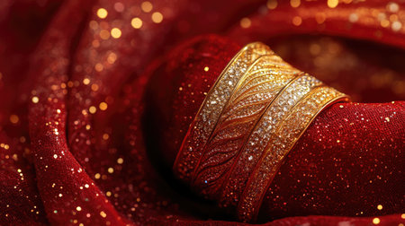A stunning display of elegant gold bangles rests on a rich red silk fabric, creating a luxurious and glamorous effect enhanced by sparkling details.の素材