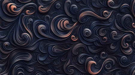 This abstract image features intricate swirling patterns in dark hues with accents of copper and blue, creating a captivating textured visual. Perfect for creative projects.の素材