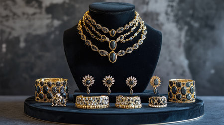 This stunning arrangement of gold and black jewelry features elegant necklaces, stylish bracelets, and ornate earrings, ideal for fashion inspiration.の素材