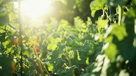 A serene garden scene captures the beauty of fresh vegetables and lush green leaves bathed in soft sunlight, ideal for showcasing nature and growth.の素材