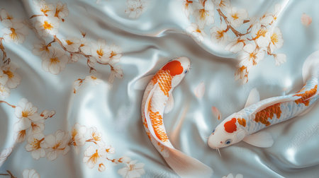 This captivating image features elegant koi fish gracefully positioned on luxurious satin fabric adorned with delicate floral patterns, creating a harmonious and tranquil ambiance.の素材