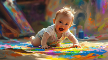 A joyful baby crawls on a vibrant, paint-splattered floor, surrounded by art supplies. The scene captures the essence of creativity and innocence, highlighting playfulness and exploration in a colorful artistic environment.の素材