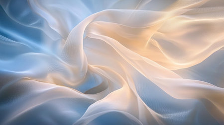 This image showcases soft, flowing fabric in gentle shades of blue and cream. The interplay of light and texture creates an elegant and serene background ideal for various design projects.の素材