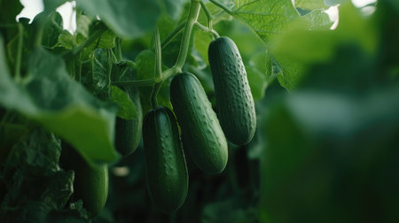 A vibrant close-up of fresh cucumbers hanging from lush green vines in a garden. This image showcases healthy growing vegetables in natural light, emphasizing freshness and organic produce. Perfect for gardening and food-related themes.の素材