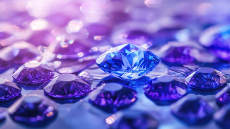This stunning close-up image captures a brilliant blue gemstone surrounded by shimmering purple gems, creating a captivating visual effect with light reflections.の素材