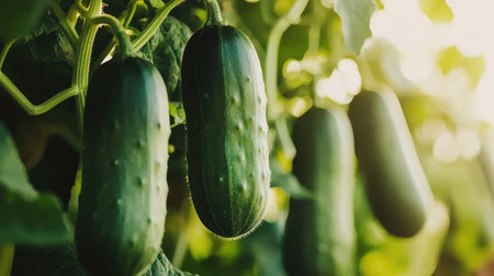 Lush green cucumbers hanging from vines in a vibrant garden, showcasing the beauty of natural growth and healthy eating under bright sunlight.の素材