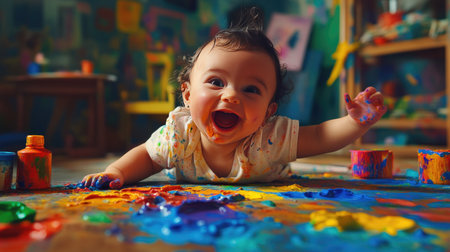 A joyful baby joyfully plays in an artistic environment filled with vibrant paint. The child explores colors and textures, creating a beautiful mess.の素材
