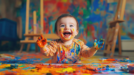 Delightful moment featuring an enthusiastic baby joyfully engaging with vibrant paints, creating a colorful mess in an artistic space full of creativity.の素材
