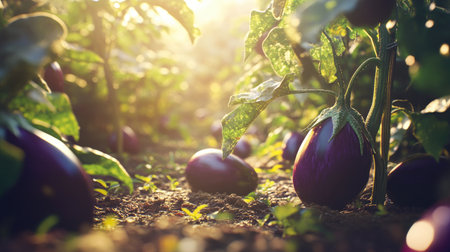 A captivating view of an eggplant garden bathed in warm sunlight, showcasing the beauty of nature and healthy organic growth in a serene environment.の素材