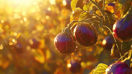 A picturesque scene showcasing fresh fruit hanging from branches adorned with morning dew, illuminated by warm sunlight in a vibrant orchard.の素材