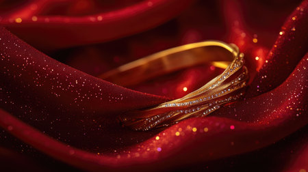 A stunning golden bangle adorned with sparkling stones resting gracefully on rich red fabric, capturing elegance and luxury in a vibrant display.の素材