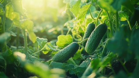 A serene view of fresh cucumbers growing on the vine in a lush garden, illuminated by soft sunlight in the background, showcasing nature's beauty.の素材