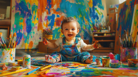 A joyful baby full of laughter sits amidst a vibrant and colorful art studio, engaged in a playful painting session with splashes of bright paint.の素材