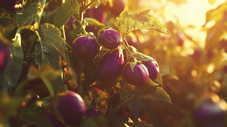 This vibrant image showcases freshly harvested eggplants glistening in warm sunlight, capturing the essence of a bountiful garden harvest. Perfect for food and agriculture themes.の素材