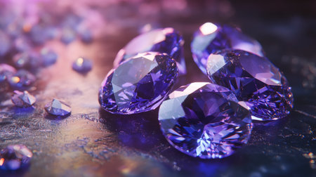 A stunning arrangement of purple gems creates a luxurious and artistic ambiance, featuring brilliant reflections and vibrant colors on a sleek surface.の素材