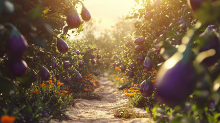 A serene pathway winds through a vibrant eggplant orchard, illuminated by warm golden sunlight during sunset, showcasing nature's beauty and abundance.の素材