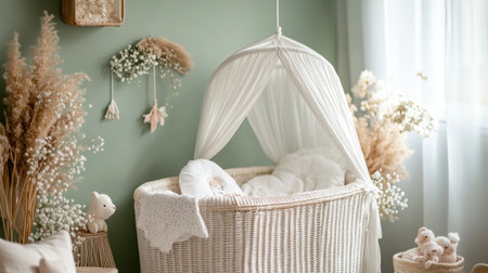 This image captures a serene baby nursery featuring a cozy crib adorned with soft textiles, natural decor elements, and gentle lighting for a peaceful atmosphere.の素材