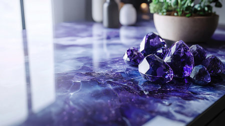 A close-up view of purple crystals arranged elegantly on a reflective surface, enhanced by natural light and greenery, creating a tranquil and luxurious atmosphere.の素材
