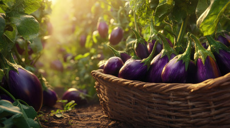 This picturesque scene features a basket filled with freshly harvested eggplants resting amid green foliage, illuminated by soft sunlight, illustrating a fruitful harvest.の素材