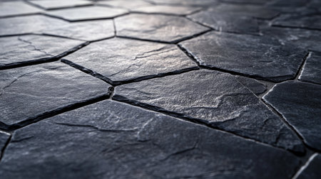 This close-up image showcases dark hexagonal stone tiles featuring intricate textures and natural patterns, perfect for modern interior and outdoor design projects.の素材