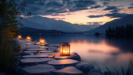 A serene lakeside scene featuring a stone pathway lit by lanterns, casting a warm glow against the backdrop of mountains and twilight skies.の素材