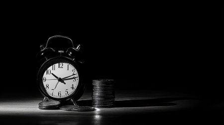 This black and white image features a vintage alarm clock next to a stack of coins, symbolizing the relationship between time and money. The contrast enhances the focus on financial concepts.の素材