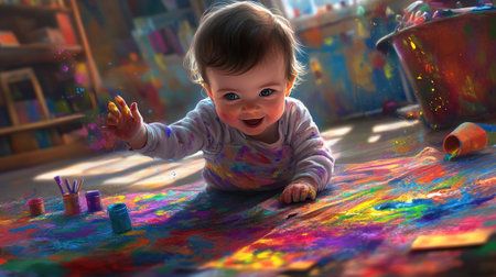 A joyful baby crawls on a colorful floor covered with paint, exploring creativity and expression in a vibrant indoor space filled with art supplies.の素材